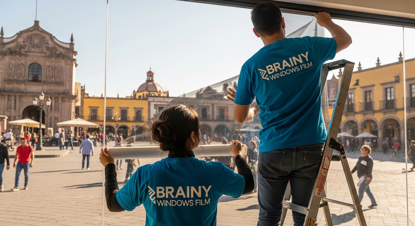 Películas para vidrios CDMX 9 Sucursal Atlacomulco aplicando película espejo bronce para ventanas.
