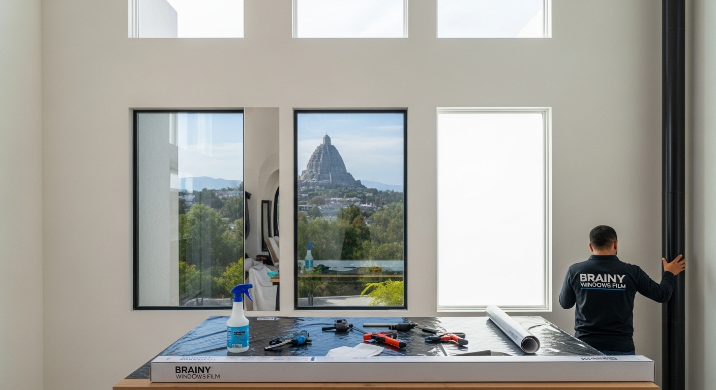 Comparativa de una ventana antes y después de la instalación de una película para ventanas.