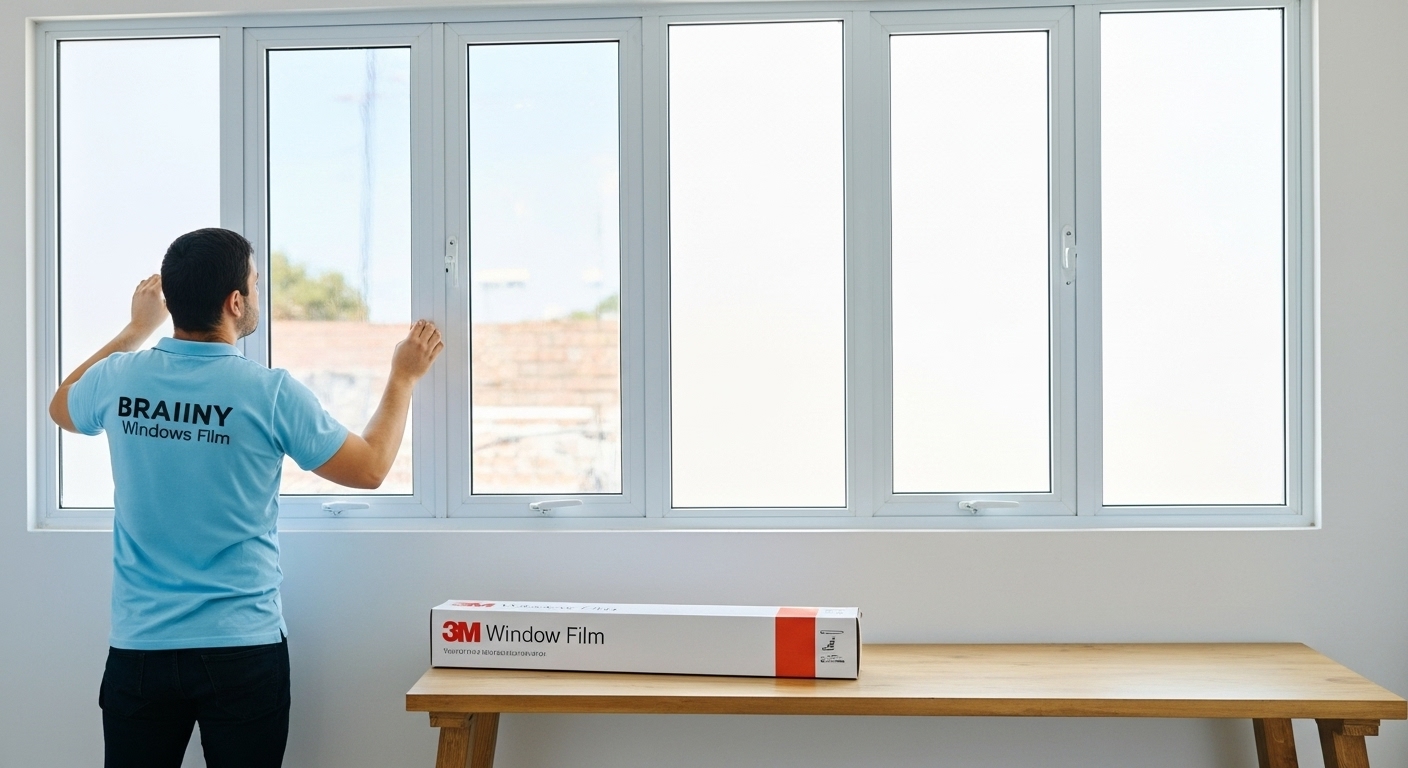 Instalador aplicando película 3M de privacidad en ventana en Querétaro.