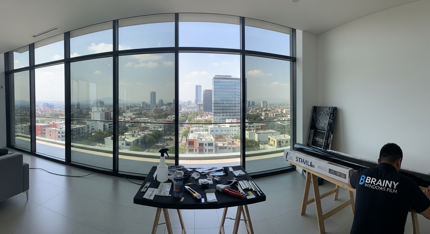 Oficina en Naucalpan con vidrios decorados con película esmerilada con diseño.
