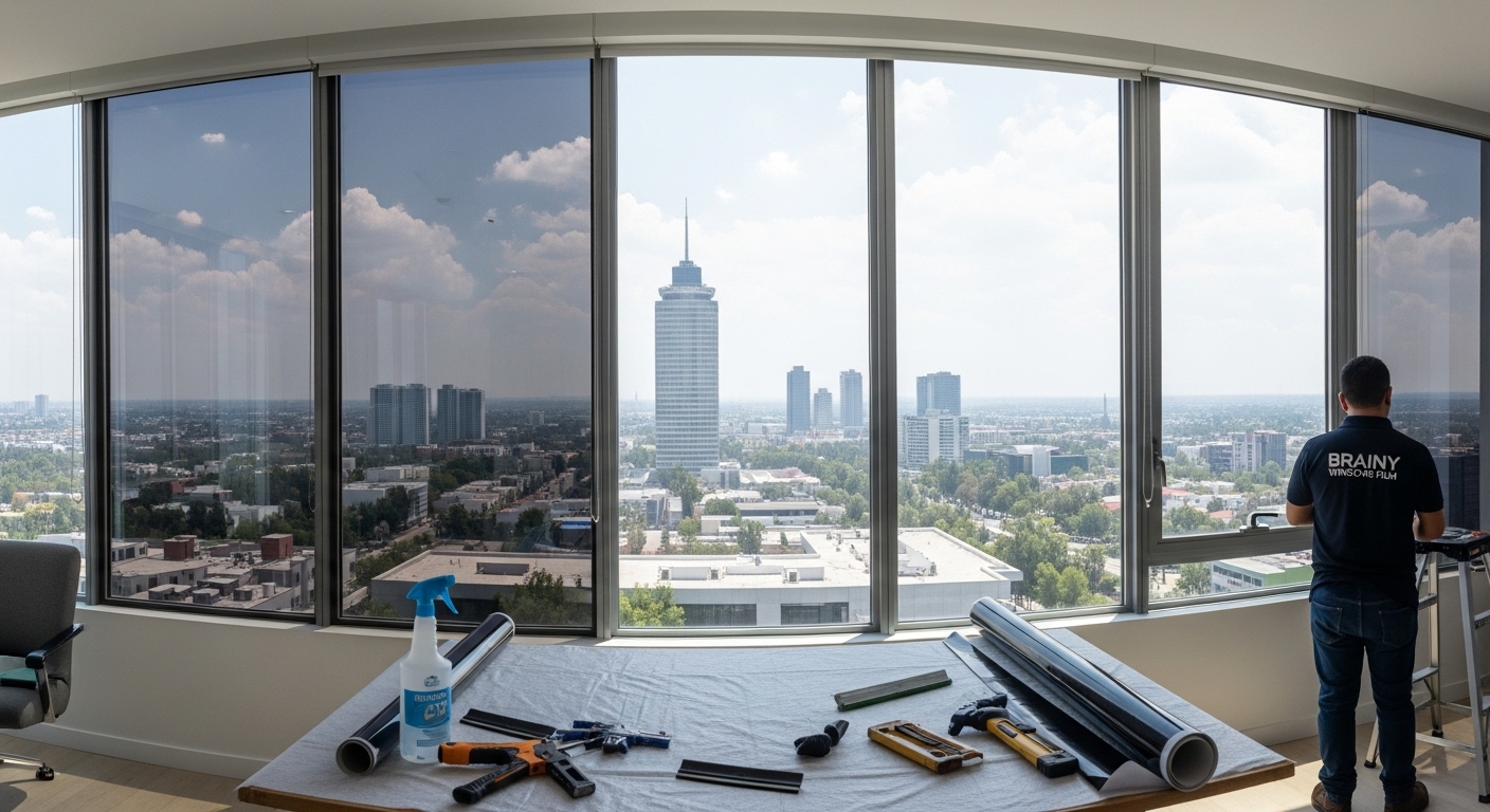 Vidrio de una oficina reforzado con película de seguridad 3M para protección.