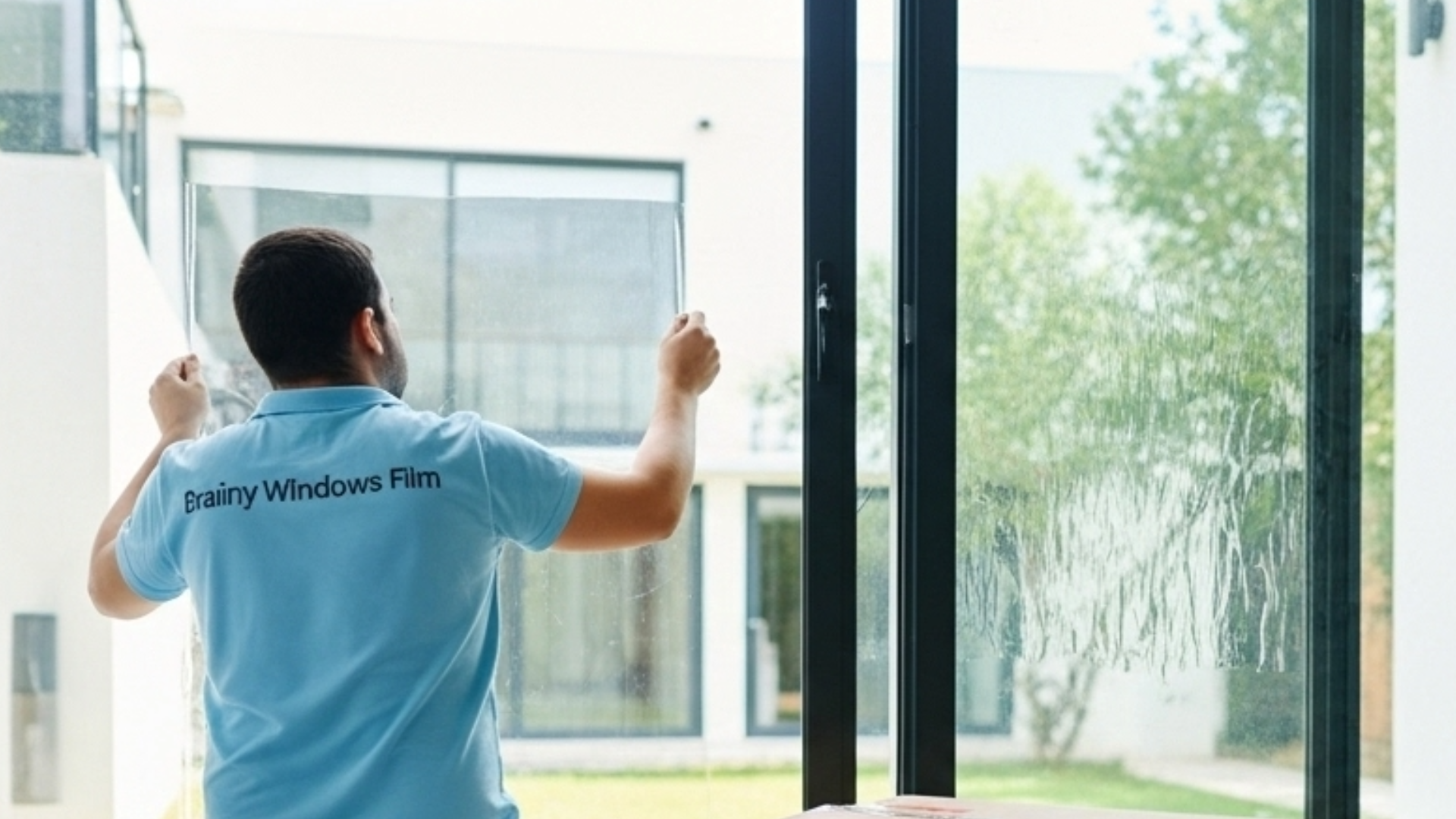 Baño elegante con película esmerilada en la ventana para máxima privacidad.