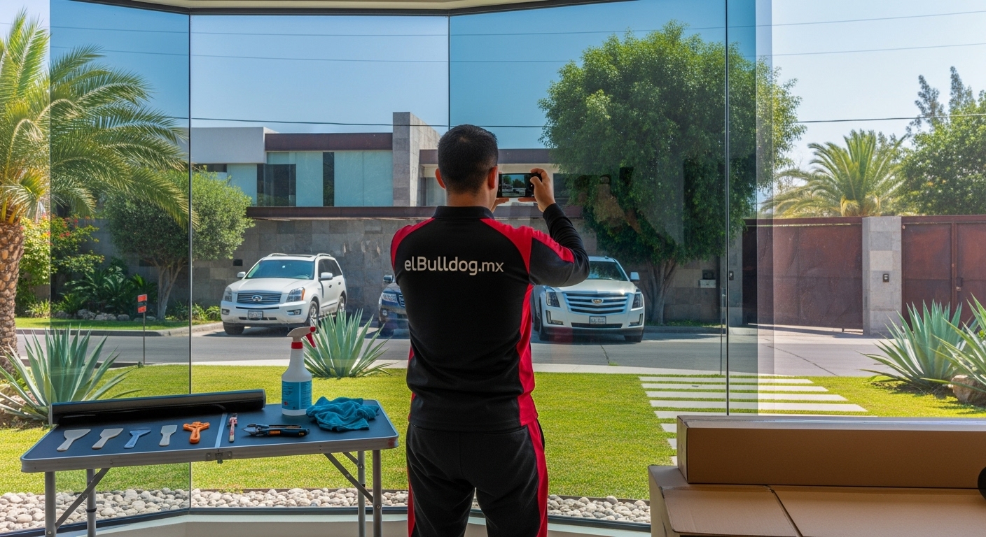 Ventana con película nanocerámica para protección UV y control solar.