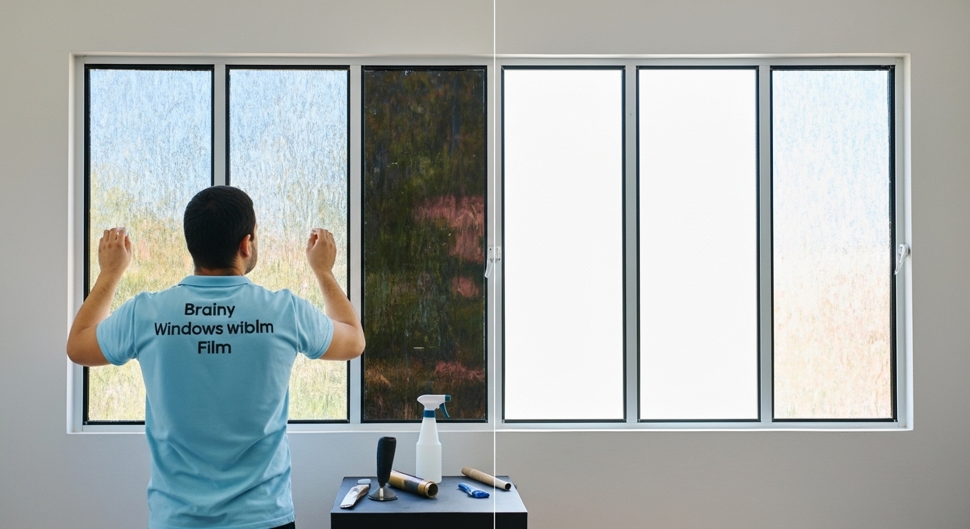 Cristal de una ventana residencial reforzado con una película de seguridad transparente.