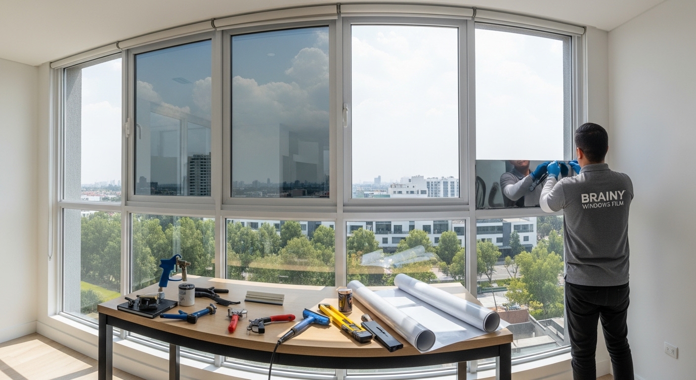 Sala de juntas con divisiones de cristal que usan película esmerilada para oficinas para dar privacidad.