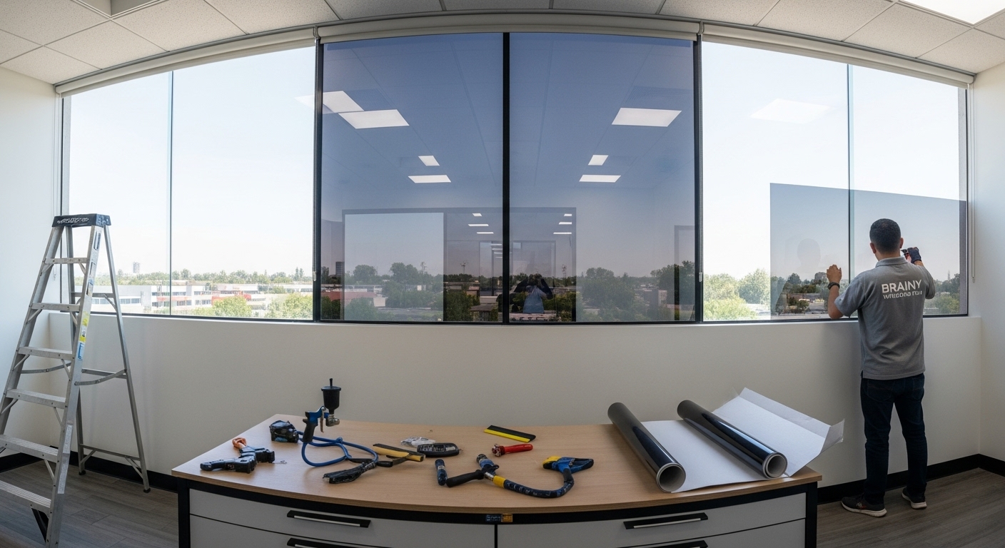 Instalador aplicando película de control solar nanocerámica en un gran ventanal.