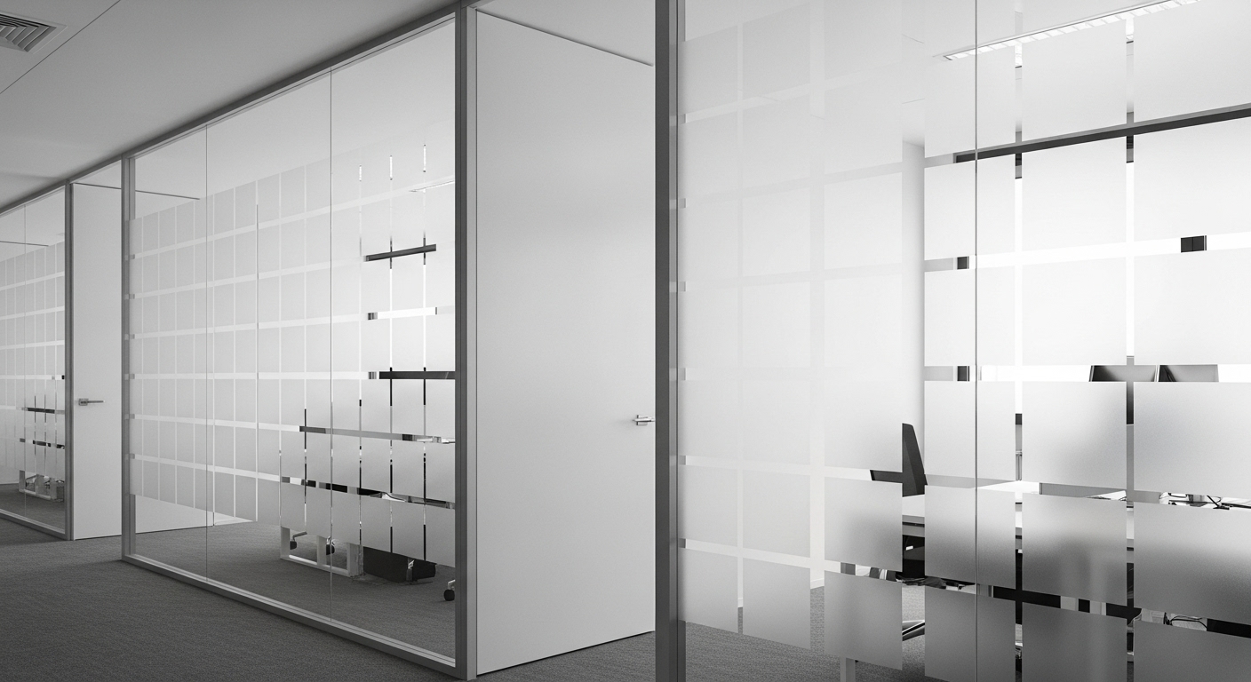 Oficina en Echegaray con película de privacidad esmerilada en sus cristales.