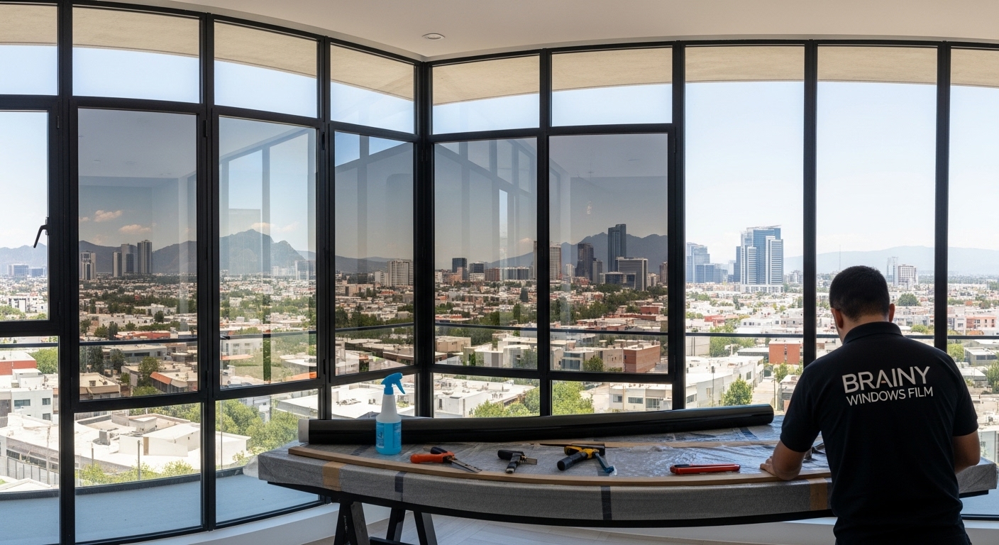 Oficina con polarizado tipo espejo que brinda privacidad.