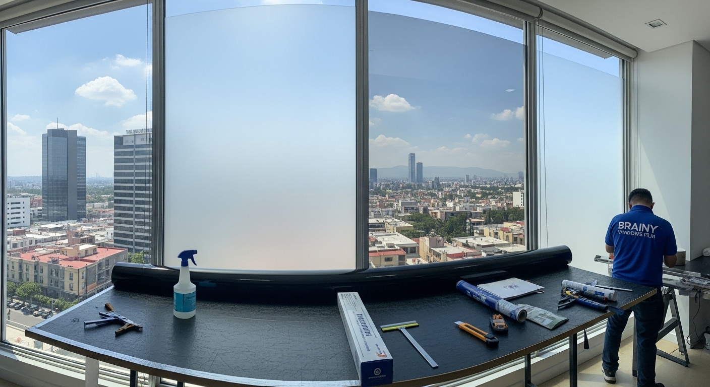 Vinil esmerilado para ventanas en sala de juntas en Querétaro.