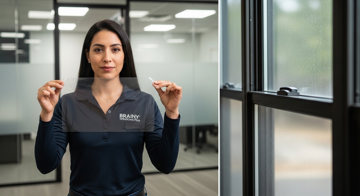 Instalador aplicando polarizado 3M en los ventanales de un edificio de oficinas en Naucalpan.