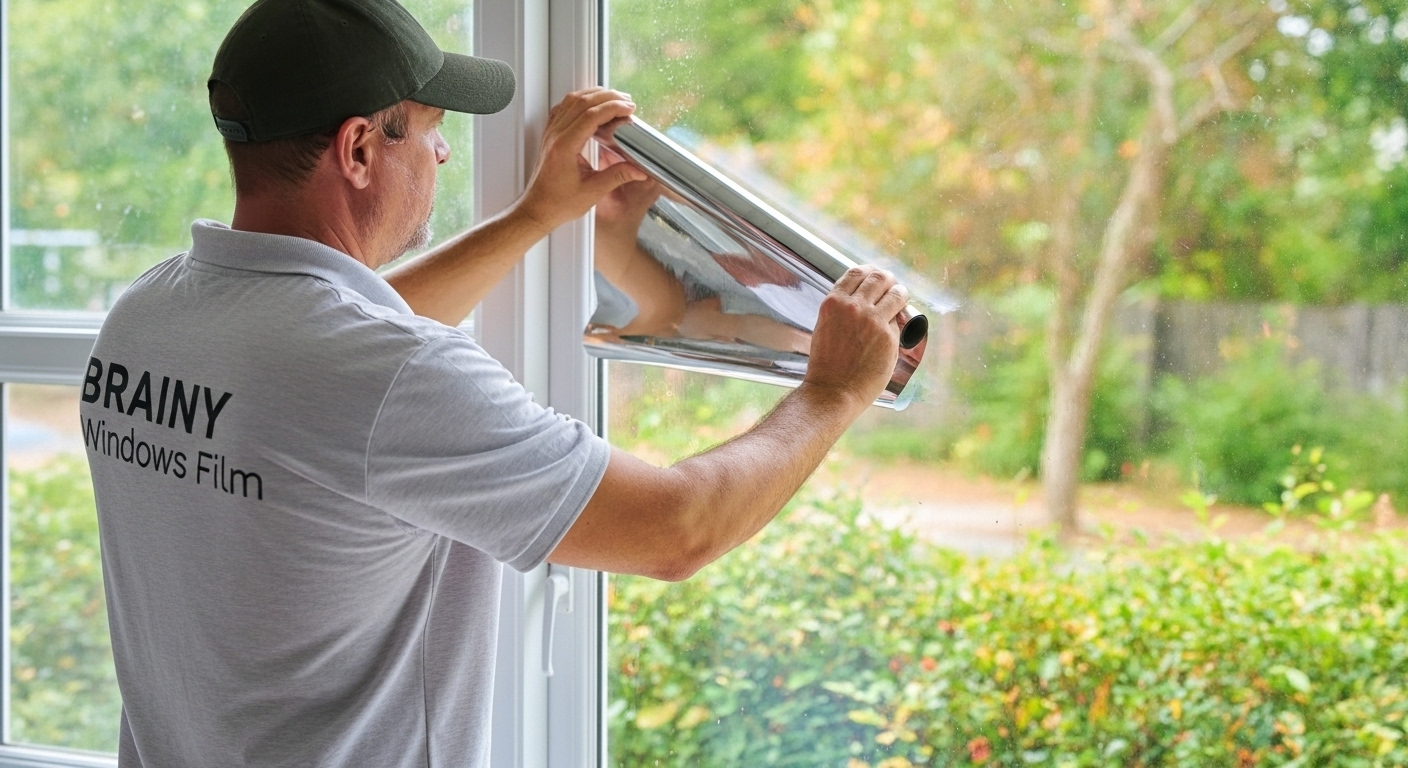 Técnico profesional realizando instalación de película de control solar en altura